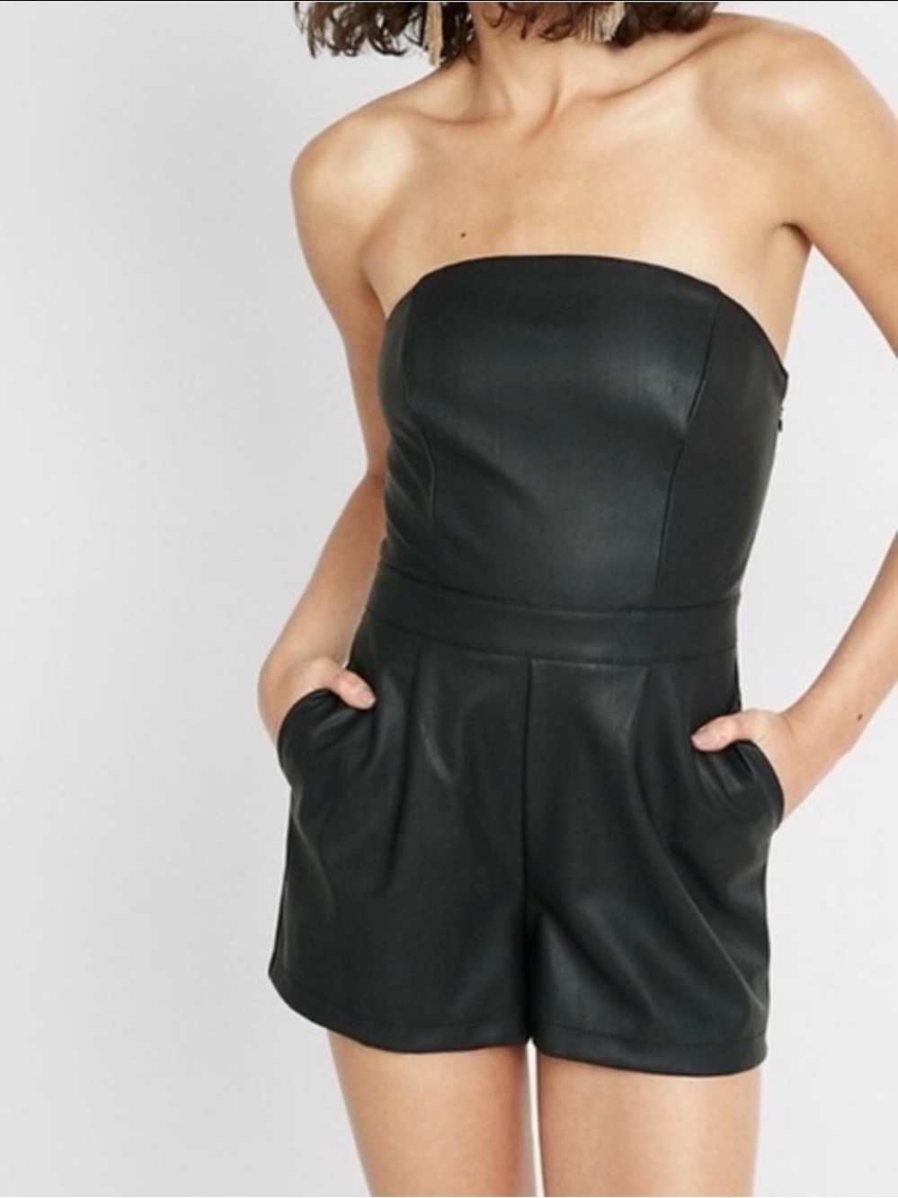 Express Faux Leather Strapless Cutout Romper